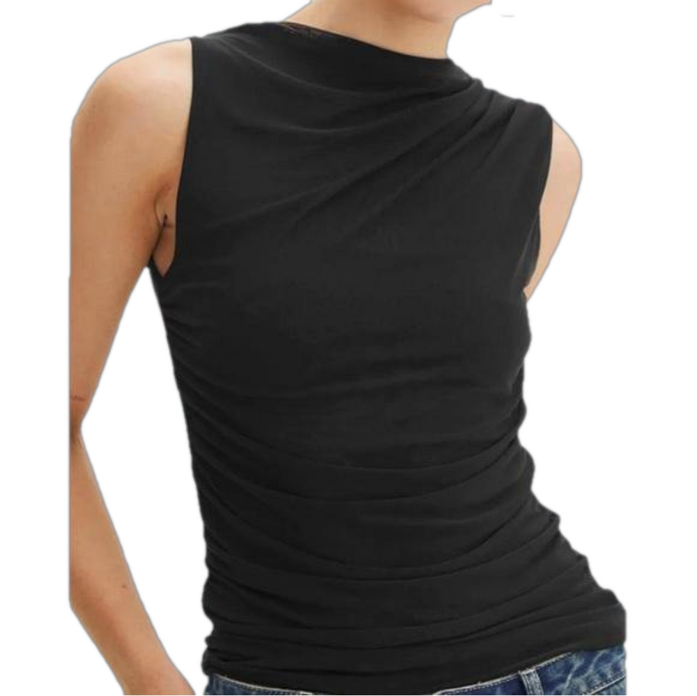 NWT Commense Solid Pleated Tank Top Ruched Black Medium